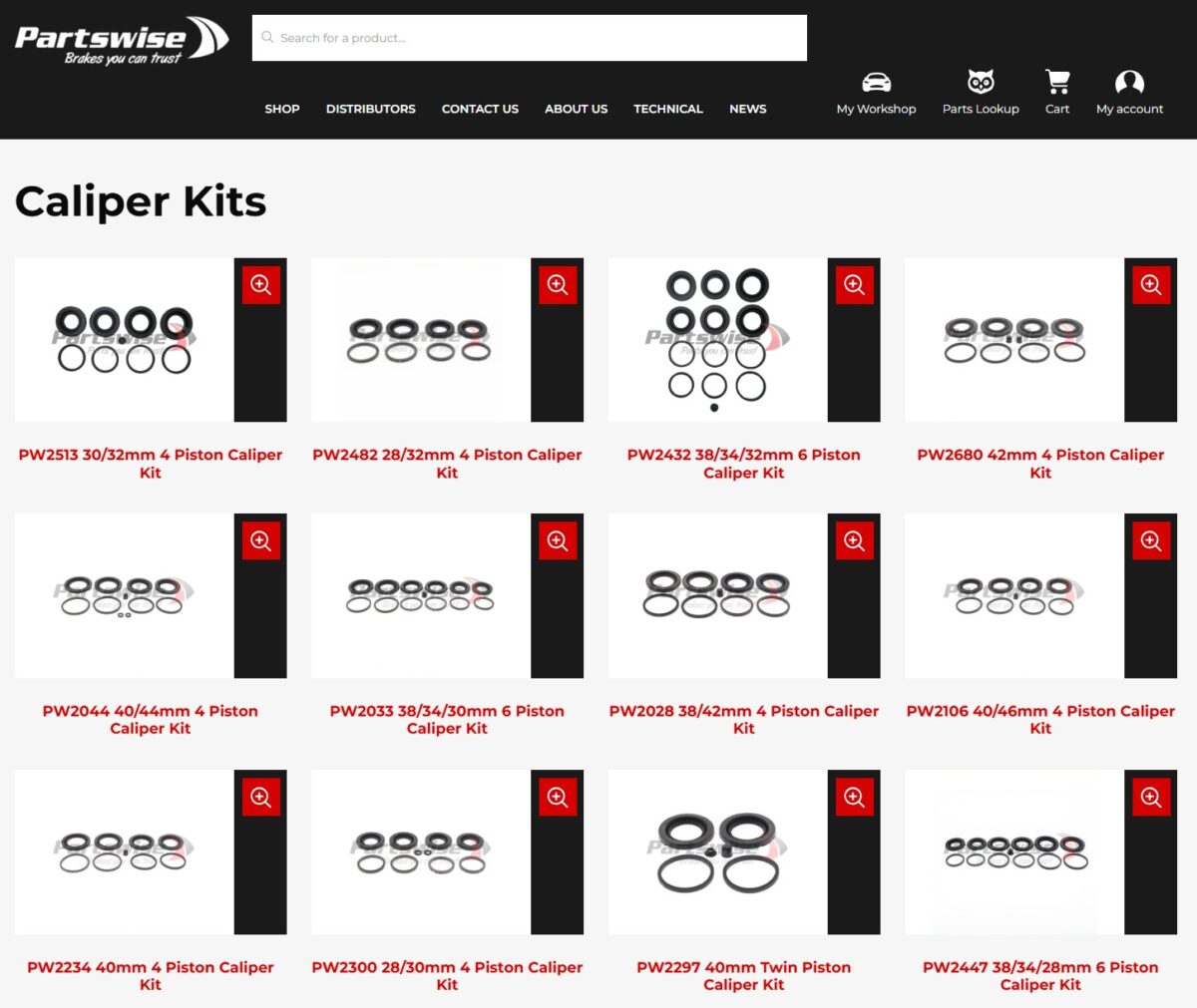 Screenshot of Brembo caliper kit page