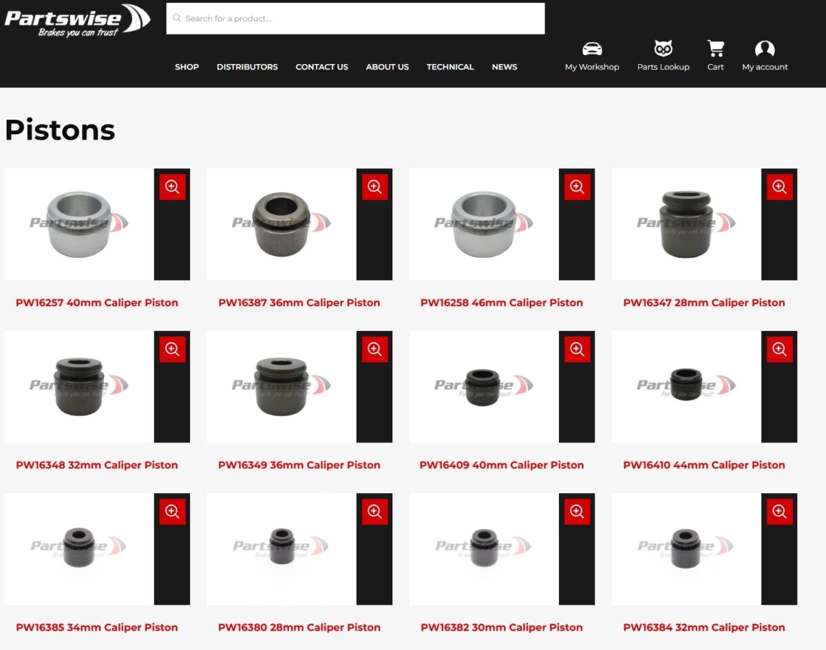 Screenshot of the Brembo piston page